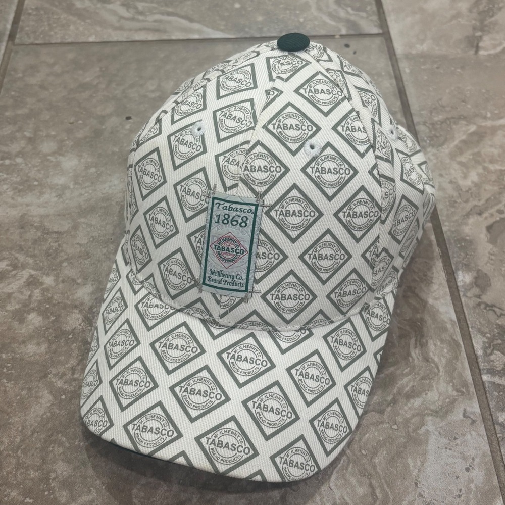 Tabasco Brand All Over Logo Print Baseball Cap Hat Cream Green Adjustable 1868